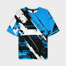 Футболка оверсайз мужская Diagonal black and white stripes on a blue backgro, цвет: 3D-принт