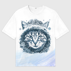 Мужская футболка оверсайз Котик в зимней шапке