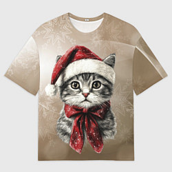 Мужская футболка оверсайз Котик в новогоднем колпаке