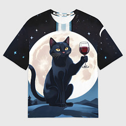 Мужская футболка оверсайз Черный кот с вином