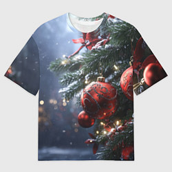 Футболка оверсайз мужская Красные новогодние шары с узорами, цвет: 3D-принт