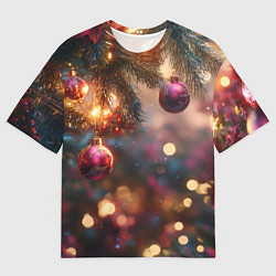 Футболка оверсайз мужская Фиолетовые новогодние шары, цвет: 3D-принт