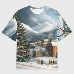 Футболка оверсайз мужская Новогодняя огромная елка и маленькие домики, цвет: 3D-принт