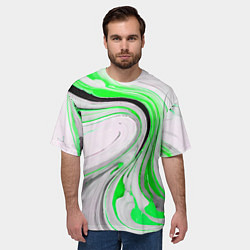 Футболка оверсайз мужская Волнистые чёрно-зелёные линии на белом фоне, цвет: 3D-принт — фото 2