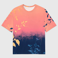 Футболка оверсайз мужская Листья на сине-розовом фоне - нейросеть, цвет: 3D-принт