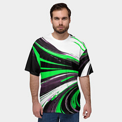 Футболка оверсайз мужская Волнистые чёрно-зелёные линии на белом фоне, цвет: 3D-принт — фото 2