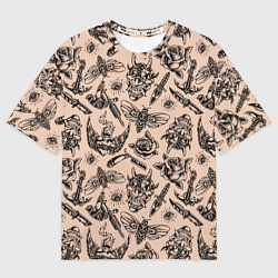 Футболка оверсайз мужская Татуировка с цикадой и демоном Они - паттерн, цвет: 3D-принт