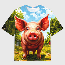 Мужская футболка оверсайз Свинка в деревне