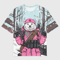Мужская футболка оверсайз Русский медведь в розовой куртке