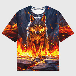 Мужская футболка оверсайз Волк в огненной пещере