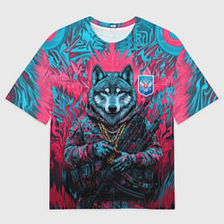 Мужская футболка оверсайз Волк с гербом РФ