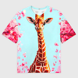 Мужская футболка оверсайз Жираф в розовых кустах