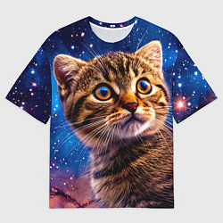 Мужская футболка оверсайз Шотландская прямоухая кошка в космосе