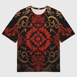 Футболка оверсайз мужская Красные классические узоры на черном фоне, цвет: 3D-принт