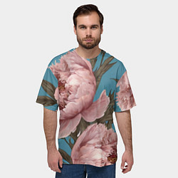 Футболка оверсайз мужская Розовые пионы на голубом, цвет: 3D-принт — фото 2
