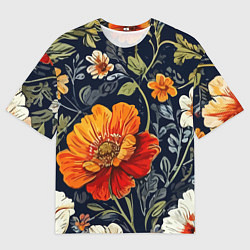 Футболка оверсайз мужская Маки и пионы старинный паттерн, цвет: 3D-принт