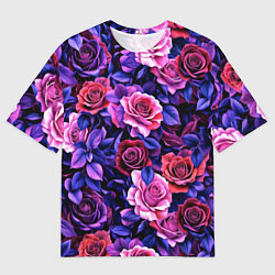 Футболка оверсайз мужская Разноцветные цветы - синие розы паттерн, цвет: 3D-принт