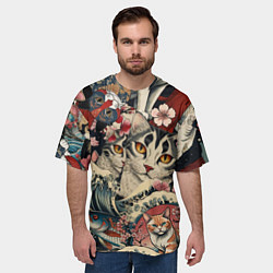 Футболка оверсайз мужская Котики и рыбки в сакуре, цвет: 3D-принт — фото 2