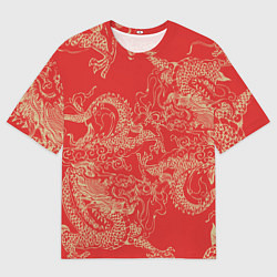 Футболка оверсайз мужская Золотые драконы на красном, цвет: 3D-принт