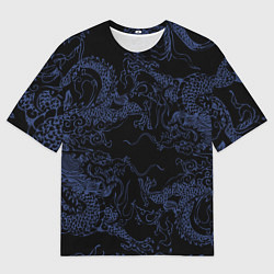 Футболка оверсайз мужская Синий дракон на черном, цвет: 3D-принт
