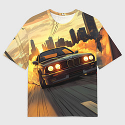 Футболка оверсайз мужская БМВ на фоне заката, цвет: 3D-принт