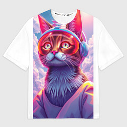 Мужская футболка оверсайз Кот космонавт удивлен