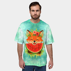 Футболка оверсайз мужская Веселая лисичка ест арбуз, цвет: 3D-принт — фото 2