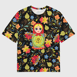 Мужская футболка оверсайз Хохломская роспись с русской матрёшкой