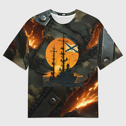 Футболка оверсайз мужская Корабль ВМФ на фоне камуфляжа, цвет: 3D-принт