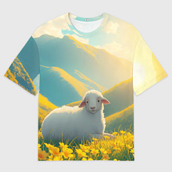 Мужская футболка оверсайз Овечка в цветочной долине