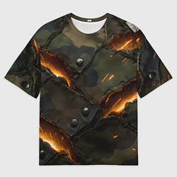 Футболка оверсайз мужская Порванная камуфляжная ткань с огнем, цвет: 3D-принт