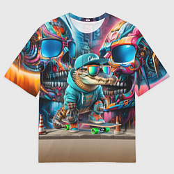 Мужская футболка оверсайз Крокодилёныш крутой скейтбордист - киберпанк