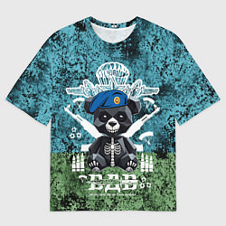 Мужская футболка оверсайз Медведь десантник на фоне флага ВДВ