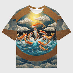 Футболка оверсайз мужская Большие золотистые рыбы выпрыгивают из воды, цвет: 3D-принт