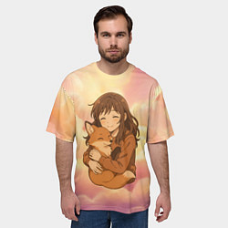 Футболка оверсайз мужская Девочка обнимает лисичку, цвет: 3D-принт — фото 2