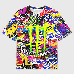 Футболка оверсайз мужская Monster energy бренды стикеры, цвет: 3D-принт