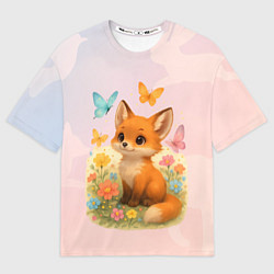 Мужская футболка оверсайз Лисичка с бабочками и цветочками