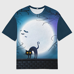 Мужская футболка оверсайз Полнолуние и черный кот - жуткий Хэллоуин