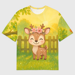 Мужская футболка оверсайз Милый олененок на зеленом дворе