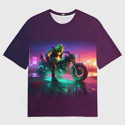 Футболка оверсайз мужская Шрек на мотоцикле на закате - нейроарт фантазия, цвет: 3D-принт