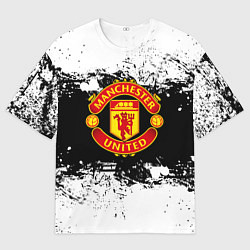 Футболка оверсайз мужская Манчестер Юнайтед черно белые краски лого, цвет: 3D-принт