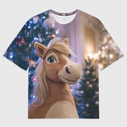 Мужская футболка оверсайз Плюшевая новогодняя лошадь