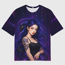 Мужская футболка оверсайз Девушка с тату на руке и пурпурная змея
