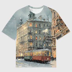 Мужская футболка оверсайз Трамваи в зимнем Санкт-Петербурге
