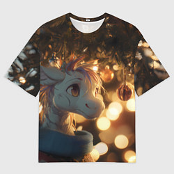 Футболка оверсайз мужская Лошадка под новогодней елкой, цвет: 3D-принт