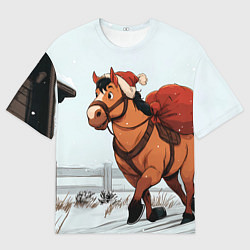 Мужская футболка оверсайз Лошадка везет новогодние подарки