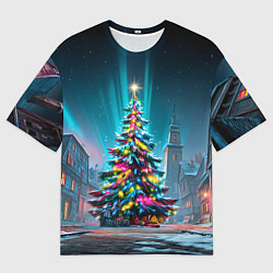 Футболка оверсайз мужская Новогодняя елка в гирляндах, цвет: 3D-принт