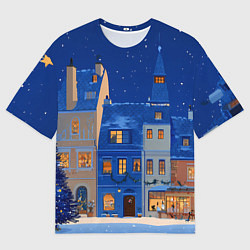 Футболка оверсайз мужская Синяя новогодняя елочка во дворе, цвет: 3D-принт
