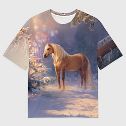 Мужская футболка оверсайз Лошадка в новогоднем лесу
