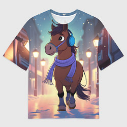 Мужская футболка оверсайз Лошадка в шарфе и наушниках